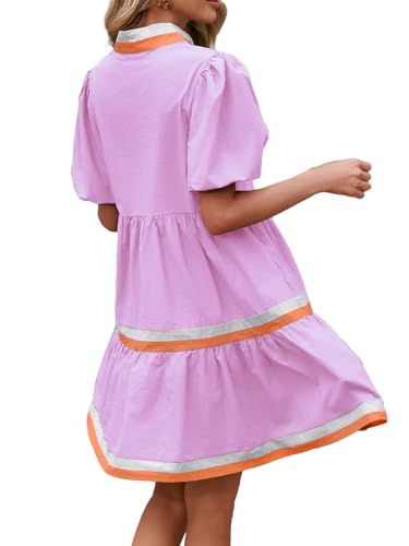Image of LifeShe Womens Puff Sleeve Babydoll Dress V Neck Navy Blue Striped Color Block Tiered Mini Dresses
