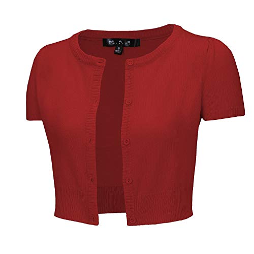 YEMAK Women's Cropped Bolero Cardigan â€“ Short Sleeve Crewneck Basic Classic Casual Button Down Knit Soft Sweater Knitted Top CB0536-RED-M