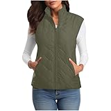 Blczomt Puffer Vest Women Lightweight Quilted Stand Collar Zip Up Sleeveless Jacket Coats with Pockets Winter Warm Outerwear seniors jacket Army Green L