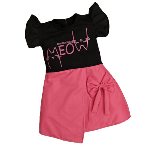 Image of ER Life Style Casual Cotton Blend Meow Printed Knee Length Ruffle Short Sleeves Dress for Girls