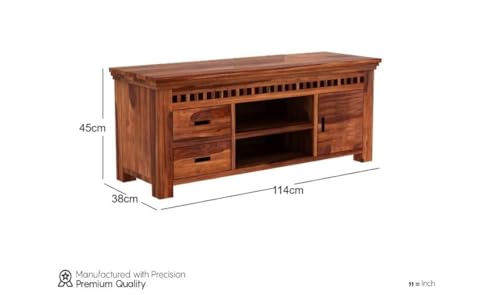 Image of Solid Wood TV Unit for Living Room 43 Inch Furniture - Wooden TV Unit with Storage Cabinet with 2 Drawr, 3 Shelves Wooden TV Cabinet for Living Room - Fits up to 43-Inch TV (Waylon)