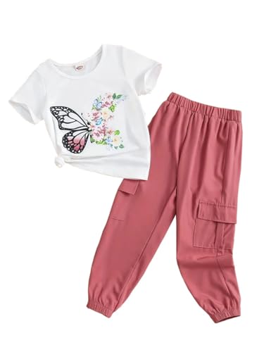Image of Ayzozuy Kid Girl Clothes Outfits Figure Letter Graphic Tee Top + Flap Pocket Pants 2PC Clothing Set