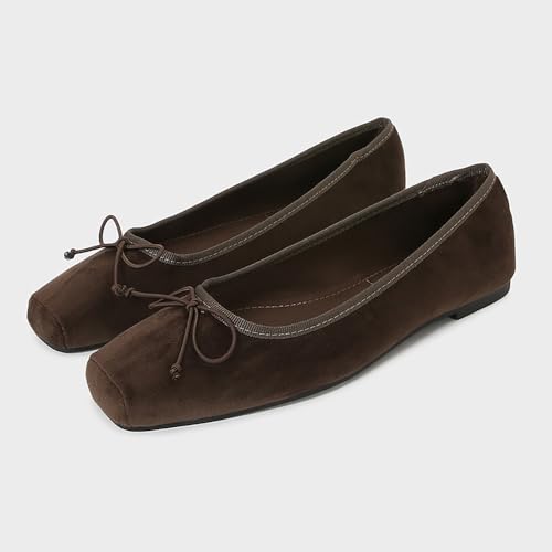 Women's Brown Velvet Ballet Flats Square Toe Bow Tie Mary Jane Flat Casual Comfortable Spring Shoes2