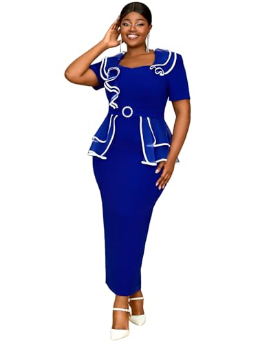 AOMEI Women's Color Block Irregular Ruffled Short Sleeve Pencil Bodycon Maxi Dress