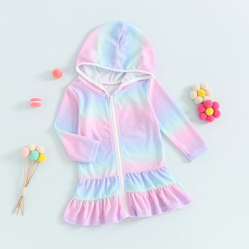 Toddler Baby Girls Swimwear Cover Up Kids Solid Color Ruffled Swimsuit Zipper Long Sleeves Beach Dress3
