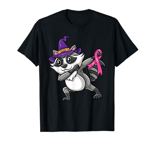 Dabbing Bruja Mapache Cáncer de Mama Halloween Camiseta