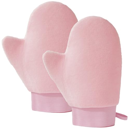2 Pack Self Tanning Mitt Applicator with Anti-Slip Wrist Velvet Double Sided Fake Tan Gloves With Thumb Ultra Soft Tanning Mit Washable & Reusable Sun Cream Lotion Applicator for Home Travel (Pink)
