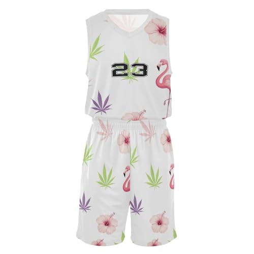 FLildon Pink Flamingos Tropical Flowers Boys Basketball Jersey Set Tank Top Shorts Tracksuit Sport Training Suit for Kids, XXL