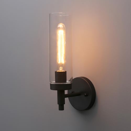 Image of Phansthy Black Rustic Industrial Wall Sconce Light with Tubular Clear Glass Lampshade for Bedroom, Living Room, Dining Room, Kitchen (Single Sconce)