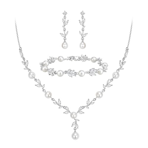 EVER FAITH Bridal Jewelry Set for Bride Bridesmaid White-Gold-Plated-Brass Marquise Cubic Zirconia Faux Pearl Leaf Vine Party Prom Necklace Dangle Earrings Bracelet for Women