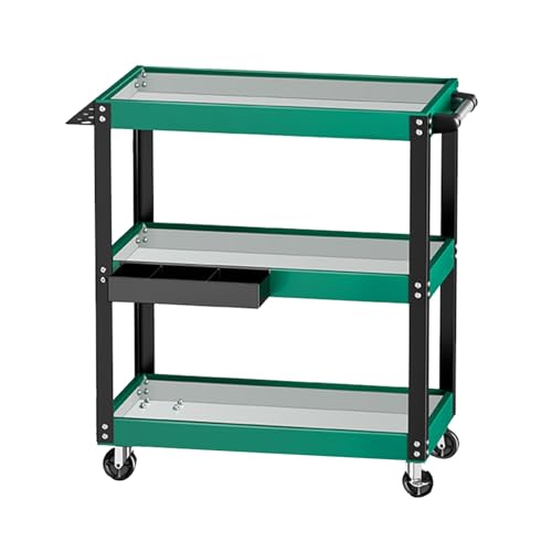 Carro de herramientas rodante de 3 niveles con ruedas, almacenamiento de garaje y taller, estante de herramientas resistente para taller de reparación y almacén, verde, 72 x 36 x 78,5 cm