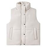 Chaleco acolchado de piel sintética para mujer, con cremallera, sin mangas, cuello alto, cálido, chaqueta corta de invierno con bolsillos, beige, L