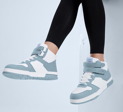 Image of LUCKY STEP Women High Top Fashion Sneakers Ankle Boots | Basketball Walking Tennis Shoes Platform Hook and Loop Faux Leather Sneaker