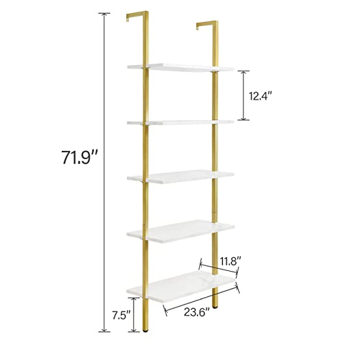 Image of SUPERJARE Modern Ladder Shelf, 5-Tier Open Wall-Mounted Bookshelf with Stable Metal Frame, 72 Inches Storage Rack Shelves, Stand Bookcase for Home Office (Marble & Gold)