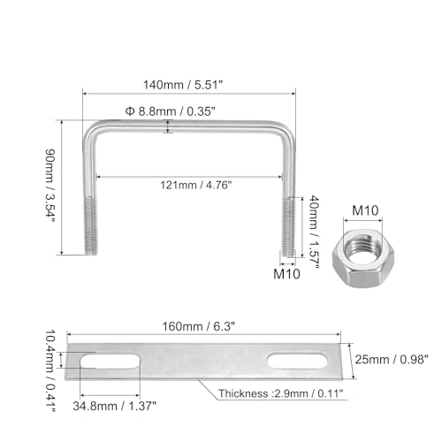 Image of PATIKIL M10x120x90mm Square U-Bolts Kit, 2Set 304 Stainless Steel Square U Shaped Bolts Replacement Parts with Frame Plates and Nuts for Ski Board Sailboat Trailer