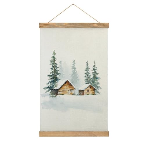 Jubonexis Two Small Log Cabins in The Snow Canvas Painting Wood Frames Poster Hanger Hanging Picture Kit Wall Art