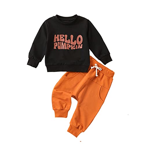 Image of Cevoerf Toddler Baby Boy Halloween Outfit Long Sleeve Pumpkin Print Shirt Top Sweatshirt Pants Set Baby Fall Clothes