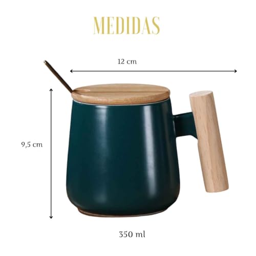 Encontraproduto.com.br - Caneca de Café em Cerâmica Lindo Design Cabo e Tampa de Madeira com Colher 350ml (Verde Rubi)