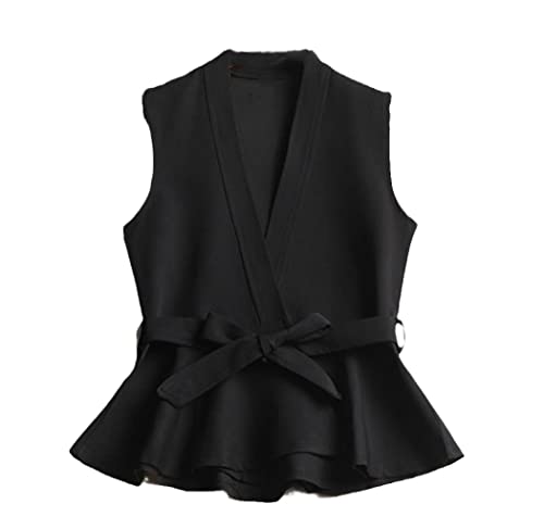 Chaleco casual para mujer con cinturón con volantes y corte primavera negro XXL