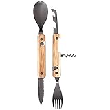Akinod - Multifunktionales Besteck 13H25 Olivenholz - Edelstahl Faltbesteck - Magnetisches Besteck To Go - Klappbares Besteckset mit Korkenzieher, Dosen- und Flaschenöffner