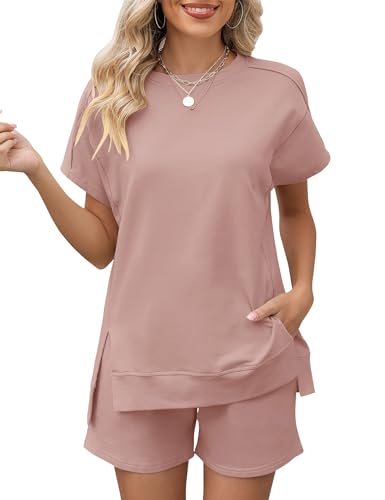 Image of LOMON Womens Fashion 2 Piece Outfits Sweatsuits 2026 Summer Short Sleeve Loungewear Tracksuit Round Neck Lounge Shorts Sets