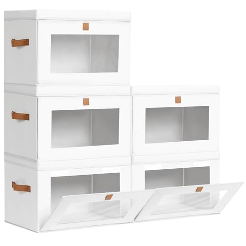 Homsorout Large Closet Storage Bins - Collapsible Clothes Organizer with Handles & Window, Decorative Boxes with Lids, Linen Closet Organizers for Living Room, Dorm, 5 Pack, White