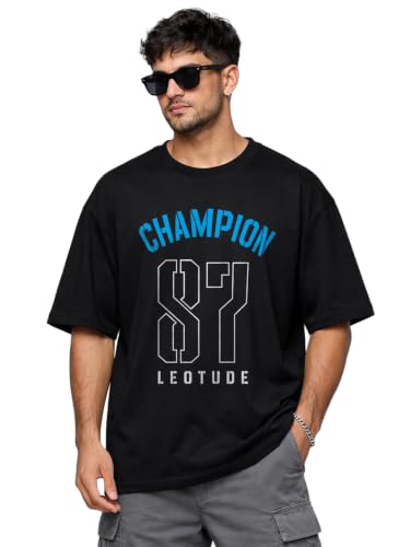 Image of LEOTUDE Men's Street Style Graphic T-Shirt | Athletic Typography Print | Oversized | Round Neck | Graphic Print | Baggy Fit | Drop Shoulder | Casual Tee (Color : Black)