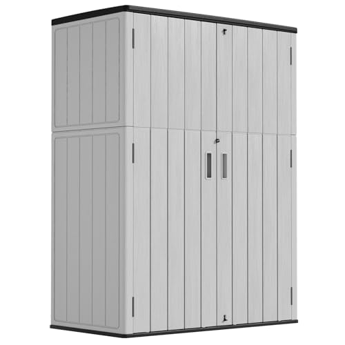 Vertical Storage Sheds with Floor, Sheds & Outdoor Storage Cabinet Waterproof for Garage Storage, Pool Storage, Bike Shed, Garden Shed 57Cu.ft Light Gray