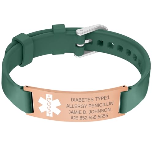 BAIYI HOPE Diabetes Medical ID Bracelet Free Engraving Diabetic Medic Health Alert Bracelets for Daughter and Son Soft Silicone Dressy Straps Band Fits 6-7.5in Wrists