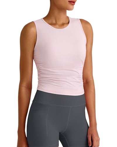 Image of G4Free Skimetic Workout Tank Tops for Women Side Ruched Sleeveless High Neck Crop Top Summer Athletic Gym Shirts