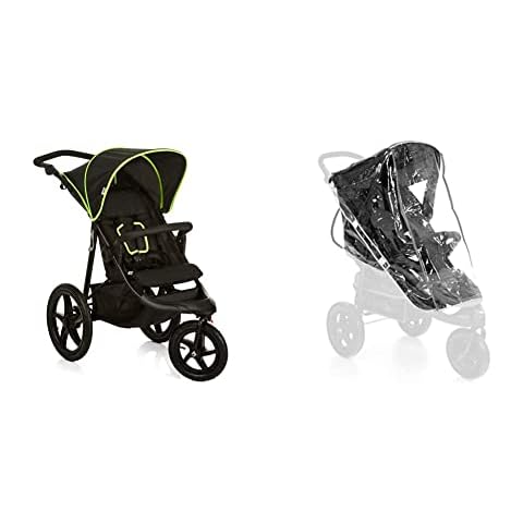Hauck Dreirad Buggy Runner/Extra Große Luft Räder/Belastbar bis 25 kg/Liegeposition/XL Korb/Schwarz Neon Gelb & Universal Regenverdeck Cover