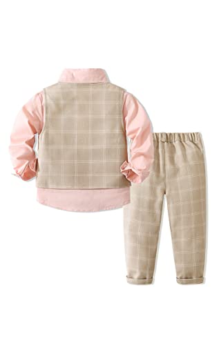 Baby Boys' 4 Piece Elegant Gentleman Set with Pink Shirt,Bowtie,Plaid Vest and Plaid Pant2
