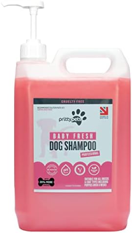 Baby Powder Dog Shampoo PRITTY PETS 5 LITRE Baby Fresh Dog Shampoo for Smelly Dogs - Professional PH Balanced, Cruelty Free, Vegan & Puppy Friendly Dog Grooming Shampoo - Made in the UK (5L with Pump)