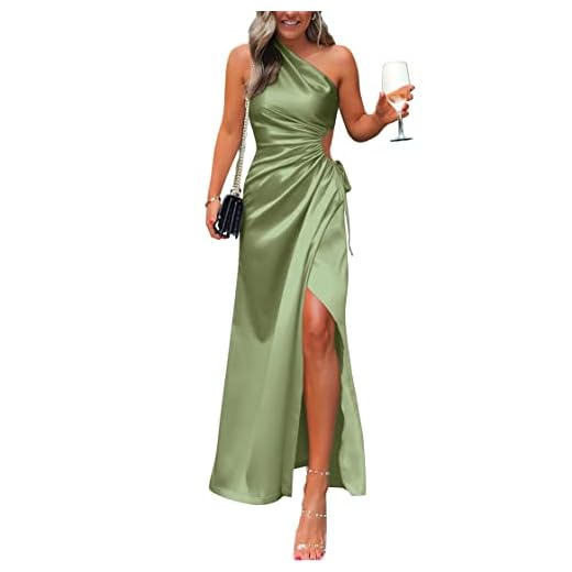 BTFBM Women 2023 One Shoulder Prom Dresses Sleeveless Cutout Ruched Adjustable Split Satin Party Cocktail Maxi Dress(Solid Tender Green, X-Large)