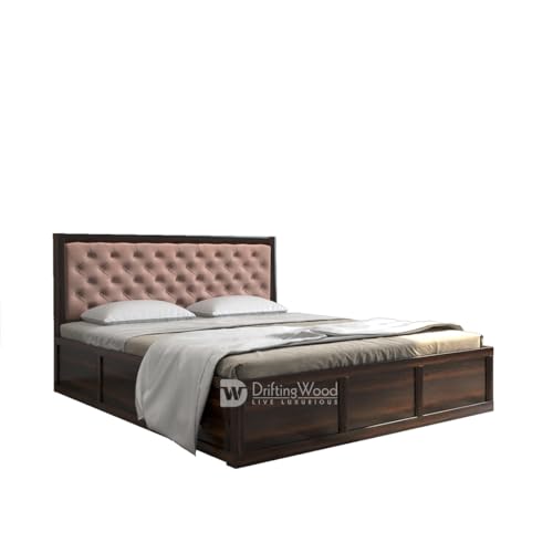 Image of DRIFTINGWOOD Dolvi Solid Sheesham Wood King Size Bed with Storage | Wooden Double Bed Cot Bed with Box Storage & Pink Velvet Upholstered Cushioned Headboard for Bedroom | Walnut Finish