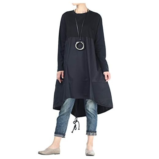 Vogstyle Femme Robe Manche Longue Contrastée A-Ligne Tunique Décontracté Poches Latérales Haut Elégant (L, Style 3-Noir)