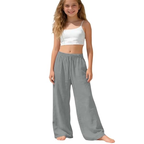 Girls Cotton Linen Pants Summer Wide Leg Drawstring High Waist Pants Kids Casual Baggy Elastic Lightweight School Uniform Palazzo Teen Straight Flowy Vacation Trousers,Grey, Size 5-6 Years