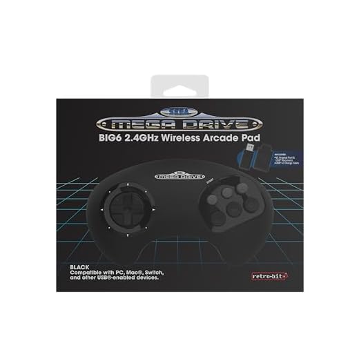 Retro-Bit BIG6 2.4 GHz SEGA Mega Drive Wireless Arcade Controller Pad for SEGA Mega Drive Original/Mini, Switch, PC & Mac - Black