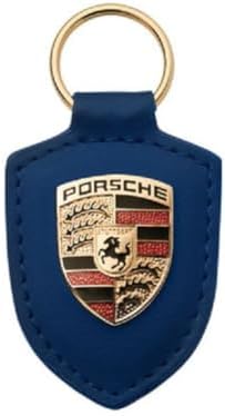 𝐏𝐨𝐫𝐬𝐜𝐡𝐞 Genuine Leather Keychain – Blue – Crest Logo Metal Emblem – Authentic Porsche Key Ring – Fits All Porsche Models