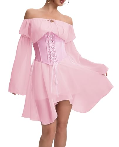 XKBHYD Zweiteiliges Damen-Korsettkleid, schulterfrei, Glockenärmel, Chiffon-Kleid, Schnürung, Mini-Bustier, Partykleid, rose, L