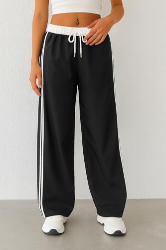 Image of SAKHWALA Women Track Pant | Women's Wide Leg Track Pants High Waist Drawstring Sweatpants with Side Stripes, Casual Loose Fit Lounge Joggers, White