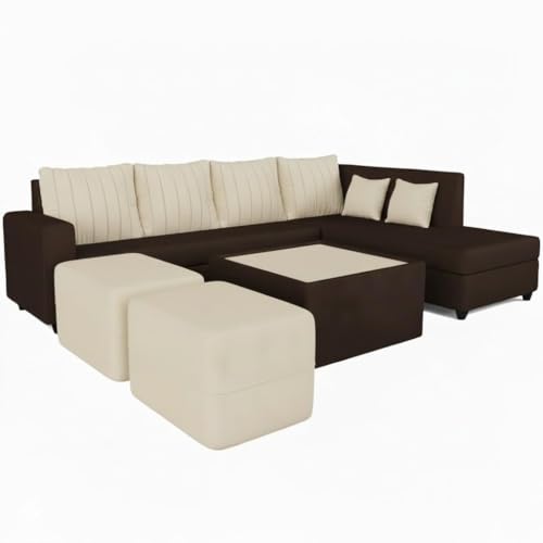 Image of CASASTYLE Stylano 8 Seater Fabric RHS L Shape Sofa Set with 1 Centre Table & 2 Ottoman (Cream-Dark Brown) 8 Person Seating with Premium Velvet Finish | Ideal for Living Room
