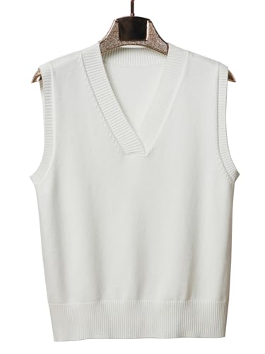 Image of Wowcarbazole Women's V Neck Sweater Vest Sleeveless Ribbed Knit Pullover JK Uniform Classic Basic Tank Tops