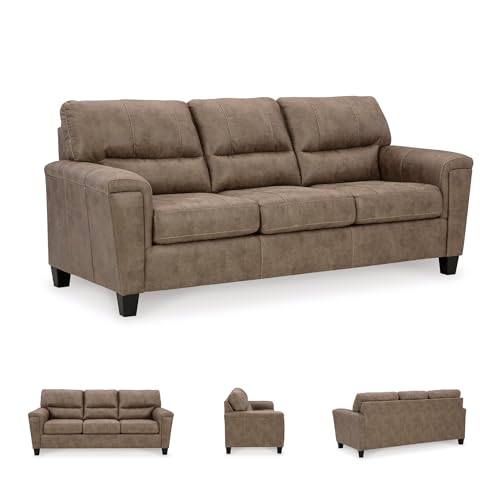 Image of Signature Design by Ashley Navi Queen Sleeper Sofa, Modern Pull Out Couch with Bi-Fold Memory Foam Mattress, Easy-Clean Faux Leather Upholstery for Living Room or Guest Spaces, 89 inch W, Fossil