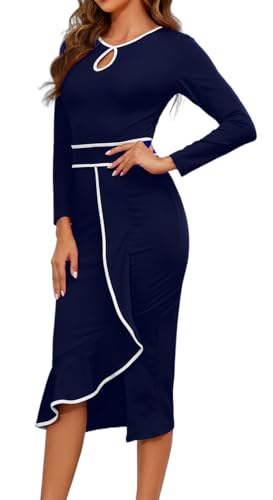 Women's Church Dresses Long Sleeve Work Business Party Dress Bodycon Vintage Wrap Ruffle Midi Pencil Dress2