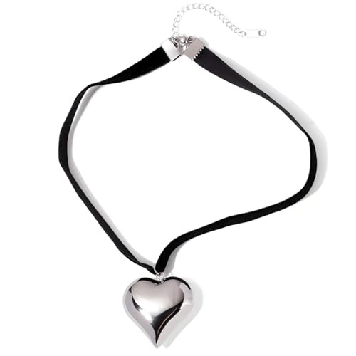 WARIDAR Gargantilla de corazón con cordón de franela negra y plateado, hecha a mano, hipoalergénica, a juego, atractiva, con cordón plano, regalo para mujer, chapado en oro, sin piedras preciosas,