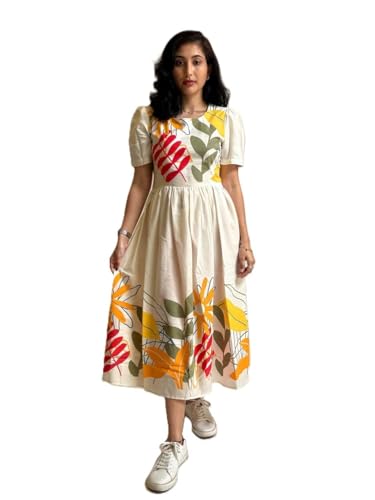 Image of Women's Pure Cotton Midi Dress - White with Orange & Red Leaf Print, Short Sleeves