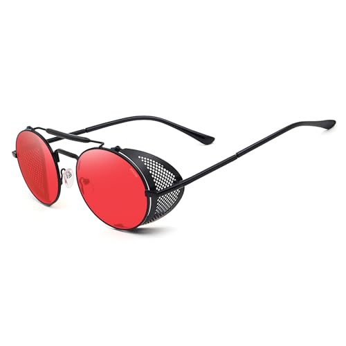 Ronsou Steampunk Style Round Vintage Sunglasses Retro Eyewear UV400 Protection Matel Frame black&red