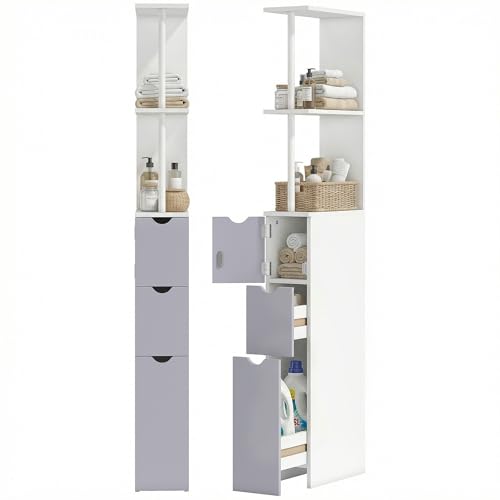 HOMCOM 54' Tall Bathroom Storage Cabinet, Freestanding Linen Tower with 2-Tier Shelf and Drawers, Narrow Side Floor Organizer, White
