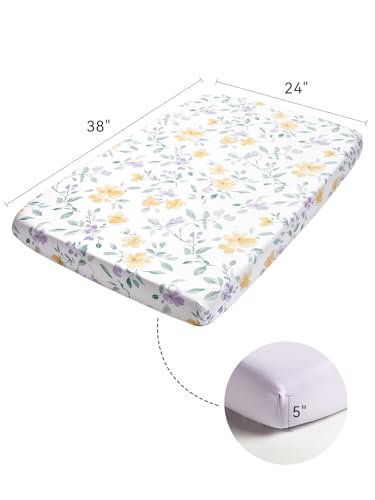 Image of TILLYOU Mini Crib Sheets Fitted 2 Pack, Pack and Play Sheets for Toddler Mattress, Soft and Breathable 38 inchx 24 inch Pack n Play Mattresses Cover, Flower Whispers